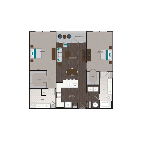 Floor plan for 2 beds, 2 baths, 1263 sqft